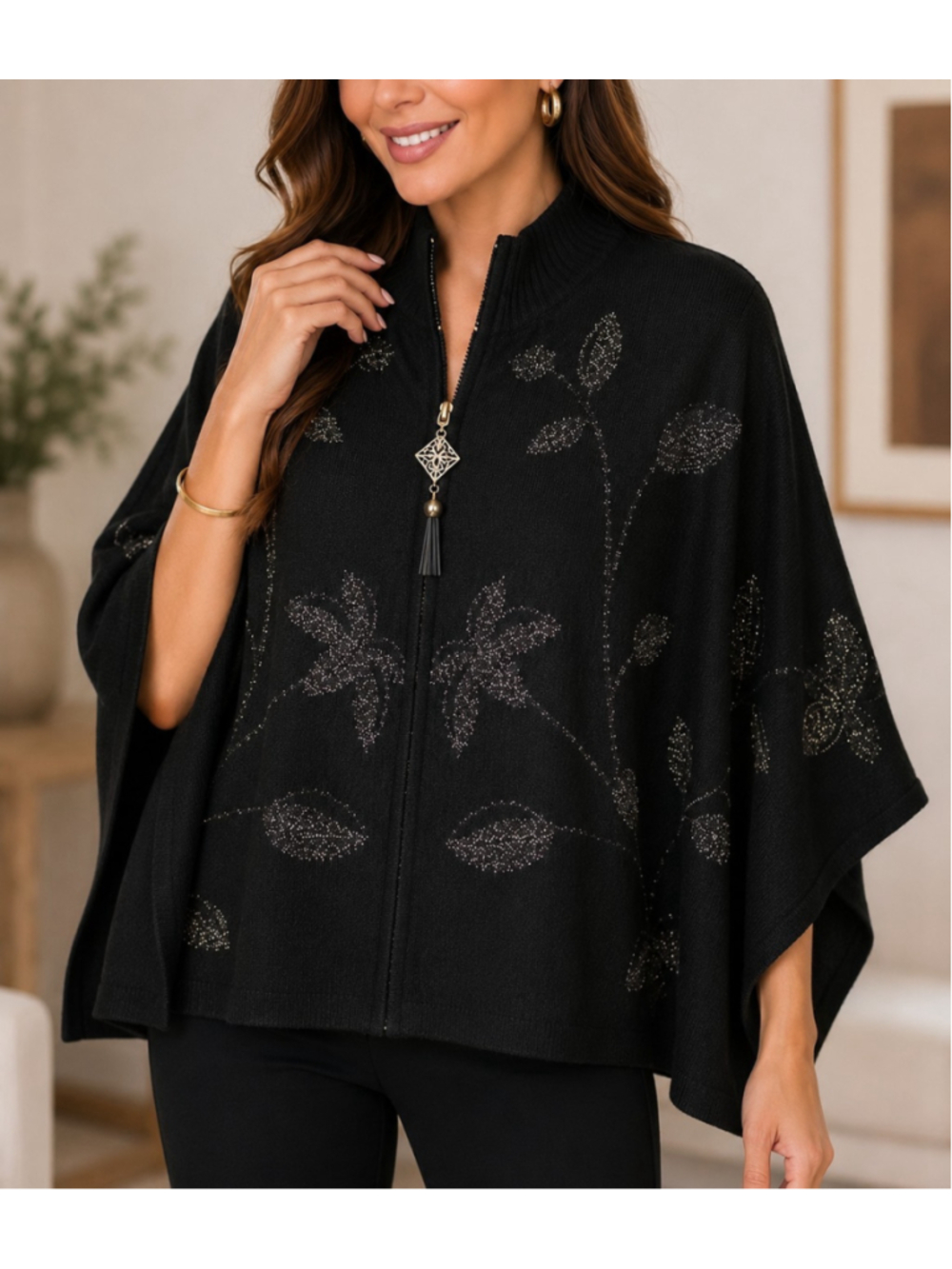 Anne Klein Women's M Black Metallic Floral Poncho Cape Luxury Boho Chic NWT